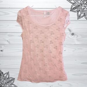 Sami + Jo pink lacy lined short sleeve blouse, size Large